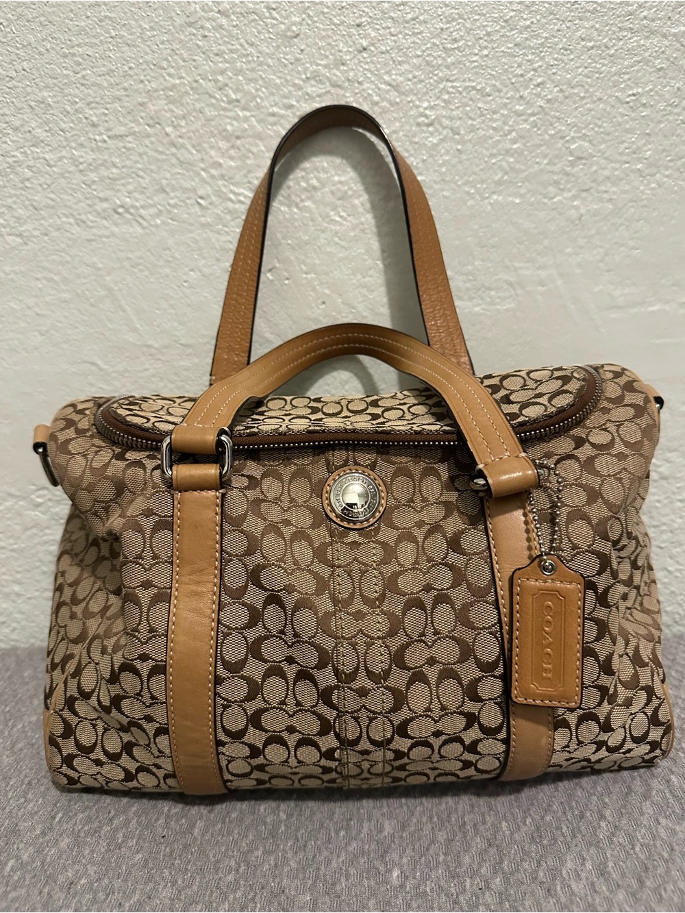 Vintage Coach Mini Travel Tan Signature Canvas Satchel with Leather Trim